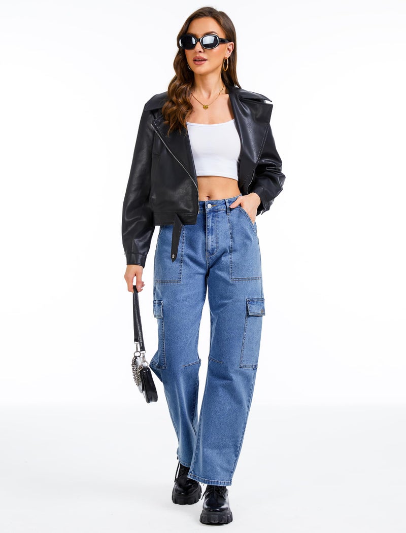 Eddoyee Barrel Jeans Women Cargo Ankle Pants Casual Wide Leg Baggy Denim Pants High Waist Trousers Stretchy with 6 Pockets(Blue Jeans, Medium) - Image 5
