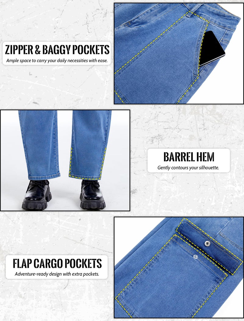 Eddoyee Barrel Jeans Women Cargo Ankle Pants Casual Wide Leg Baggy Denim Pants High Waist Trousers Stretchy with 6 Pockets(Blue Jeans, Medium) - Image 4