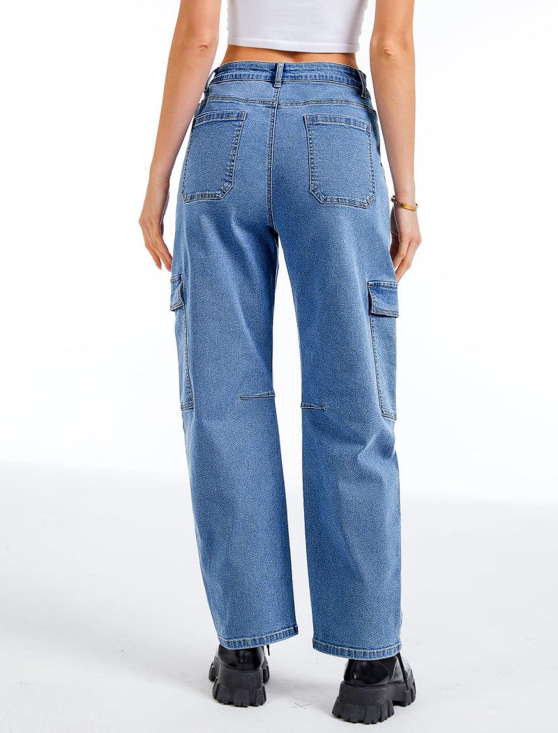 Eddoyee Barrel Jeans Women Cargo Ankle Pants Casual Wide Leg Baggy Denim Pants High Waist Trousers Stretchy with 6 Pockets(Blue Jeans, Medium) - Image 2