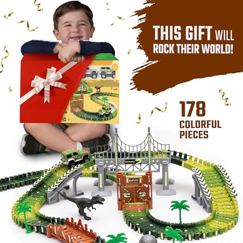 JITTERYGIT Dinosaur Jurassic Race Track Train Glow in The Dark World Toy Set, Kids Dino Racetrack Park Includes T-Rex & Triceratops Playset - Best Birthday Gift for Boys & Girls 3 4 5 6 7 8 Year Old - Image 4