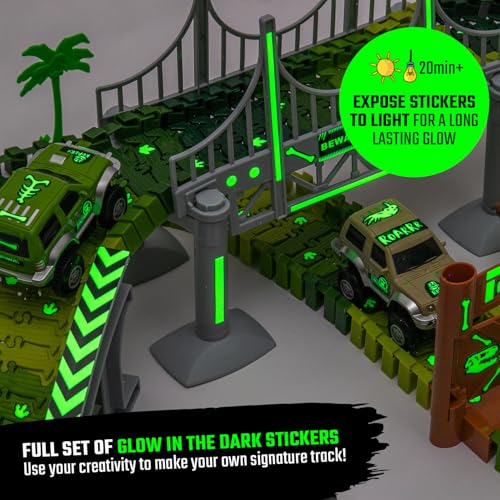 JITTERYGIT Dinosaur Jurassic Race Track Train Glow in The Dark World Toy Set, Kids Dino Racetrack Park Includes T-Rex & Triceratops Playset - Best Birthday Gift for Boys & Girls 3 4 5 6 7 8 Year Old - Image 2