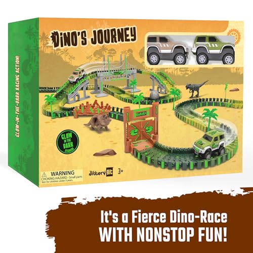 JITTERYGIT Dinosaur Jurassic Race Track Train Glow in The Dark World Toy Set, Kids Dino Racetrack Park Includes T-Rex & Triceratops Playset - Best Birthday Gift for Boys & Girls 3 4 5 6 7 8 Year Old - Image 3