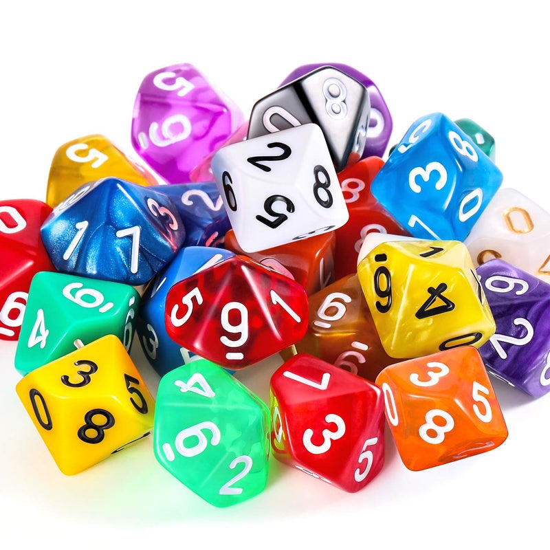 TecUnite 25 Pieces Polyhedral Dice Set with Black Pouch for Other Table Activities with Random Multi Colored AssortmentTransparent Mixed Color10 Sides - Image 3