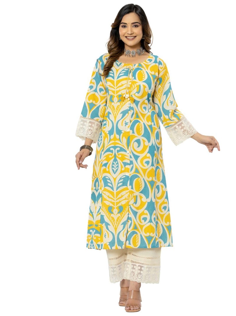 rytras Women's Cotton Printed A-Line Kurta with Pant(RYT563,Yellow,L) - Image 1