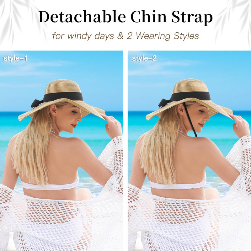 Tavaleu Beach Hats for Women - Sun Hat Womens, Wide Brim Straw Womens Sun Hat with Wind Lanyard Roll Up, Foldable Beach Hat UV Protection - Image 4