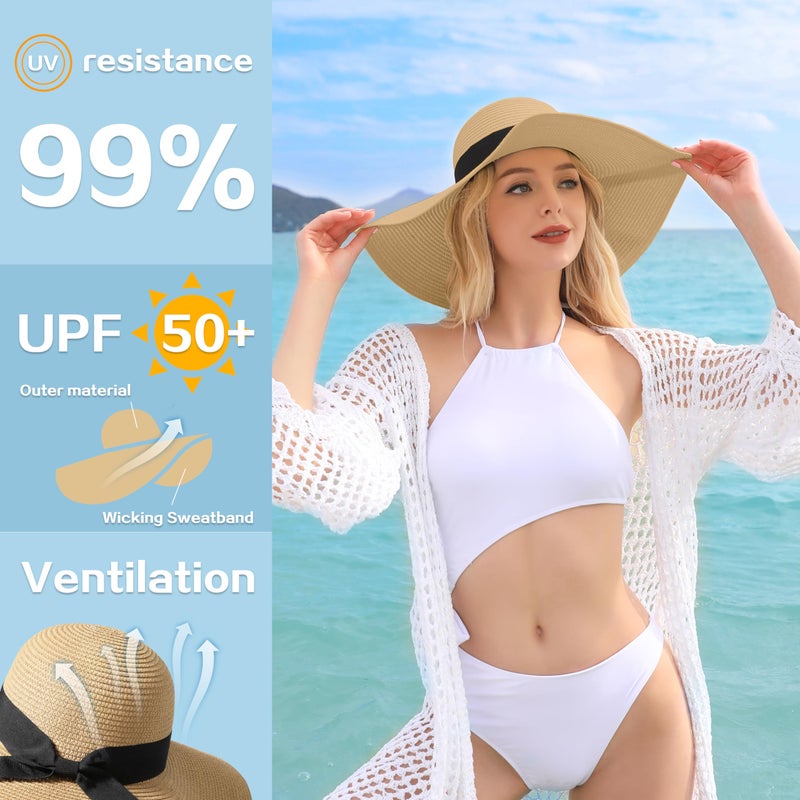 Tavaleu Beach Hats for Women - Sun Hat Womens, Wide Brim Straw Womens Sun Hat with Wind Lanyard Roll Up, Foldable Beach Hat UV Protection - Image 2