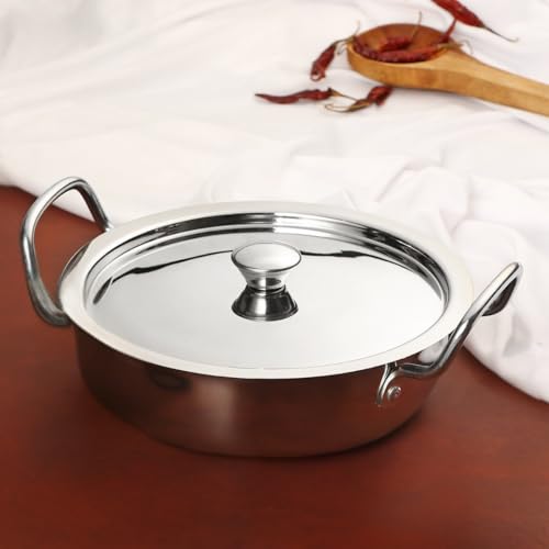 BOWLS  MORE BOWLS & MORE | Flat Bottom Kadai with Lid | 22 cm / 2.0 litres | Heavyduty Stainless Steel with Heat-Resistant Handle with Lid | Induction - Gas Stove Compatible | Matt Glossy Finish (Silver) - Image 1