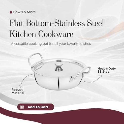 BOWLS  MORE BOWLS & MORE | Flat Bottom Kadai with Lid | 22 cm / 2.0 litres | Heavyduty Stainless Steel with Heat-Resistant Handle with Lid | Induction - Gas Stove Compatible | Matt Glossy Finish (Silver) - Image 4