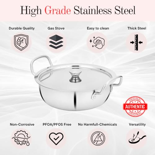 BOWLS  MORE BOWLS & MORE | Flat Bottom Kadai with Lid | 22 cm / 2.0 litres | Heavyduty Stainless Steel with Heat-Resistant Handle with Lid | Induction - Gas Stove Compatible | Matt Glossy Finish (Silver) - Image 5