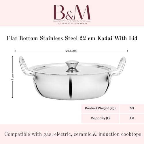 BOWLS  MORE BOWLS & MORE | Flat Bottom Kadai with Lid | 22 cm / 2.0 litres | Heavyduty Stainless Steel with Heat-Resistant Handle with Lid | Induction - Gas Stove Compatible | Matt Glossy Finish (Silver) - Image 3