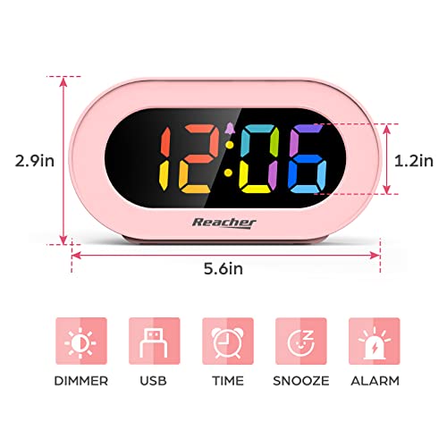 REACHER Pink Girls Alarm Clock, Dimmable Colorful LED Digital Display, USB Phone Charger Port, Simple Operation for Kids, Adults, Adjustable Volume, Snooze, Small Size for Bedrooms, Bedside, Desk - Image 5