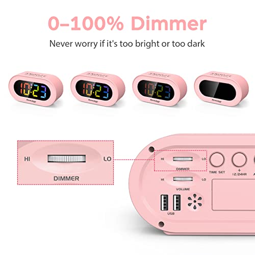 REACHER Pink Girls Alarm Clock, Dimmable Colorful LED Digital Display, USB Phone Charger Port, Simple Operation for Kids, Adults, Adjustable Volume, Snooze, Small Size for Bedrooms, Bedside, Desk - Image 3