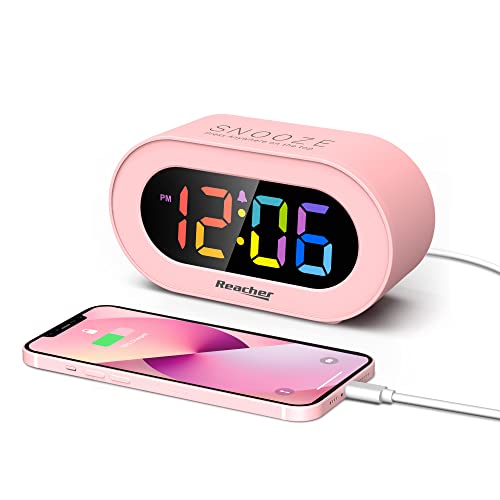 REACHER Pink Girls Alarm Clock, Dimmable Colorful LED Digital Display, USB Phone Charger Port, Simple Operation for Kids, Adults, Adjustable Volume, Snooze, Small Size for Bedrooms, Bedside, Desk - Image 1