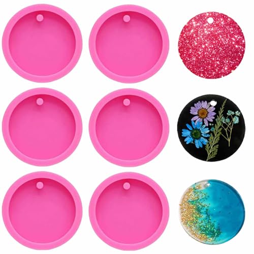 KuuGuu 6 Pack Round Keychain Silicone Mold Flat Circle Keychain Charms Epoxy Resin Molds Casting Molds with Hole for DIY Earrings Pet Tag Christmas Ornaments Wedding Favor Jewelry Crafts Making (2 inch) - Image 1