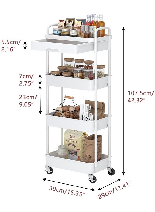 4-Tier Rolling Cart，Trolley with Drawer, Kitchen Storage Organizer with Plastic Shelf & Metal Wheels, Storage Cart for Living Room, Kitchen, Office, Bathroom, White