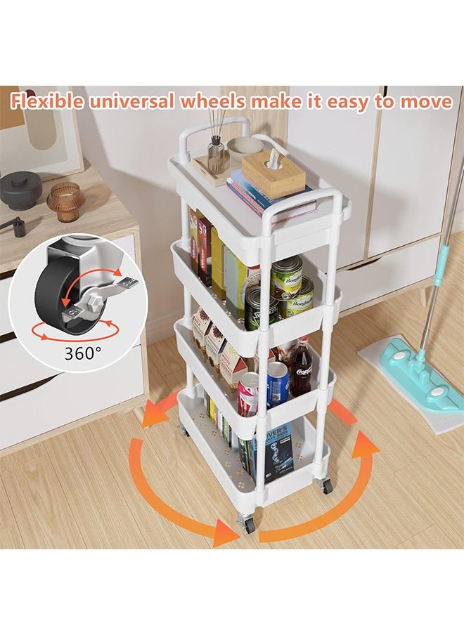 4-Tier Rolling Cart，Trolley with Drawer, Kitchen Storage Organizer with Plastic Shelf & Metal Wheels, Storage Cart for Living Room, Kitchen, Office, Bathroom, White
