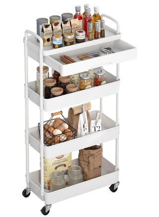 4-Tier Rolling Cart，Trolley with Drawer, Kitchen Storage Organizer with Plastic Shelf & Metal Wheels, Storage Cart for Living Room, Kitchen, Office, Bathroom, White - pzsku/ZBC21AF69692A4819A885Z/45/_/1725436254/9a34d4f2-d976-49cc-9a55-b9b4456b899f