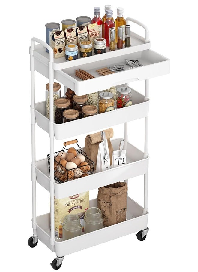 4-Tier Rolling Cart，Trolley with Drawer, Kitchen Storage Organizer with Plastic Shelf & Metal Wheels, Storage Cart for Living Room, Kitchen, Office, Bathroom, White