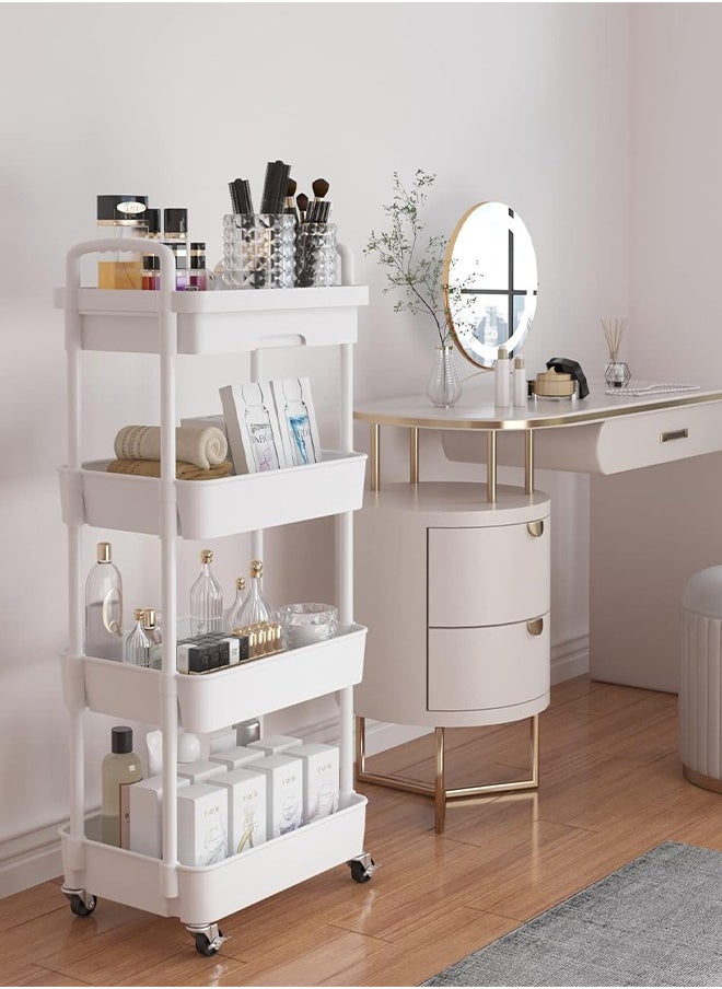 4-Tier Rolling Cart，Trolley with Drawer, Kitchen Storage Organizer with Plastic Shelf & Metal Wheels, Storage Cart for Living Room, Kitchen, Office, Bathroom, White