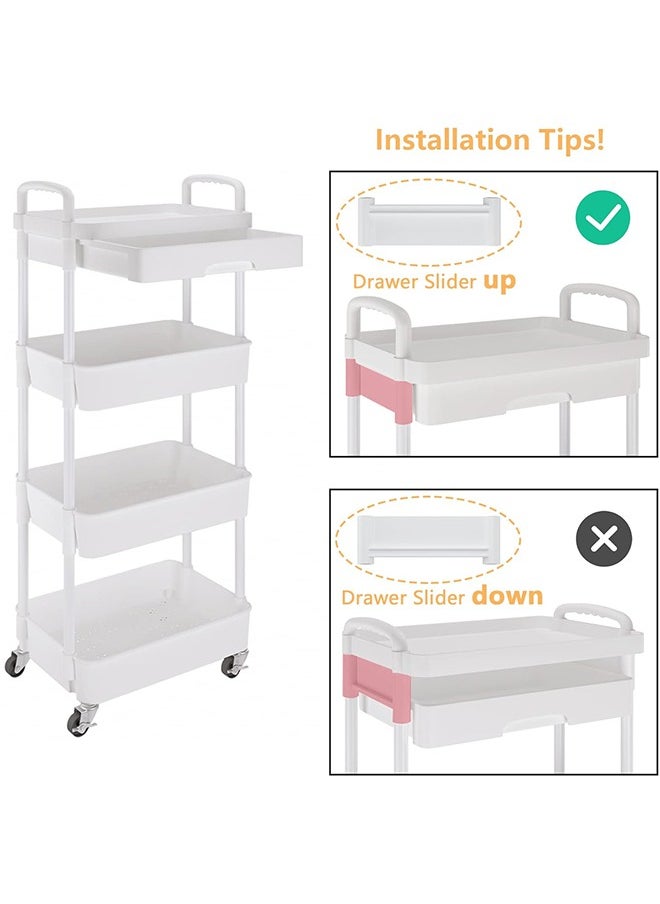 4-Tier Rolling Cart，Trolley with Drawer, Kitchen Storage Organizer with Plastic Shelf & Metal Wheels, Storage Cart for Living Room, Kitchen, Office, Bathroom, White