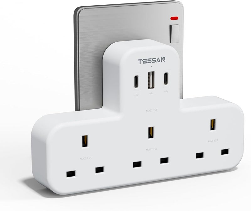 تيسان شاحن USB-C، مقبس تمديد ثلاثي مع 3 منافذ USB، محطة شحن متعددة للمقابس للمدرسة والمنزل والمطبخ والمكتب ومستلزمات المدرسة - Image 1
