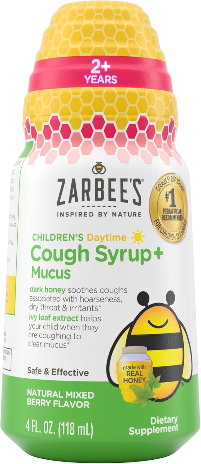 Zarbee's Childrens Honey Cough Syrup Mucus Daytime for Kids 2 Dark Honey Ivy Leaf Zinc Elderberry 1 Pediatrician Recommended Drug AlcoholFree Mixed Berry Flavor 4 fl oz - Image 1
