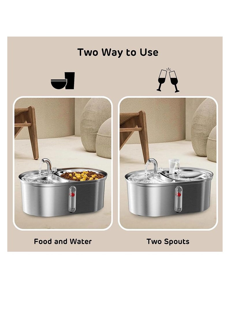 Cool Baby COOLBABY Double Bowl Cat Water Fountain Stainless Steel with Two Spouts, 3L, Cat Food and Water Dispenser Set,Dog Water Fountain and Food Bowl,Cat Fountain with Ultra Quiet Pump - Image 3