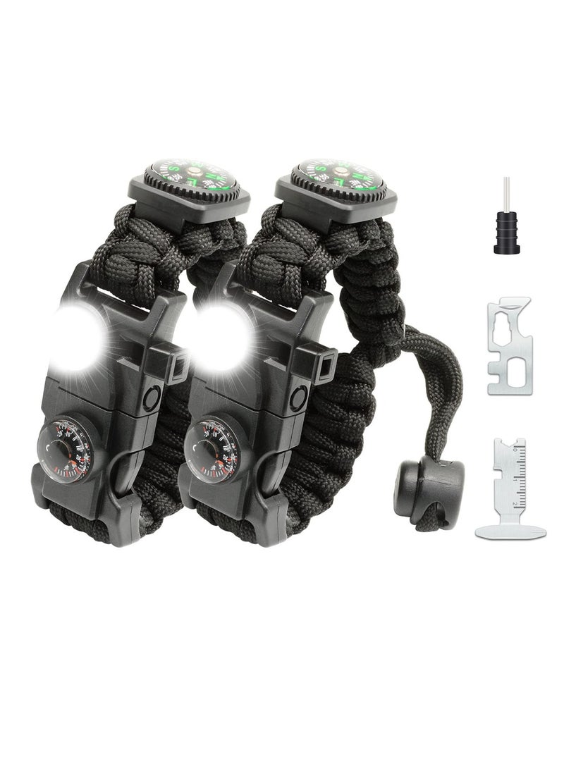 20 in 1 Survival Paracord Bracelet Adjustable Gear Kit with SOS LED Light, Thermometer, Fire Starter, Multitools, Compass, Survival Whistle,  for Camping, Hiking, Fishing, Hunting（2PCS）
