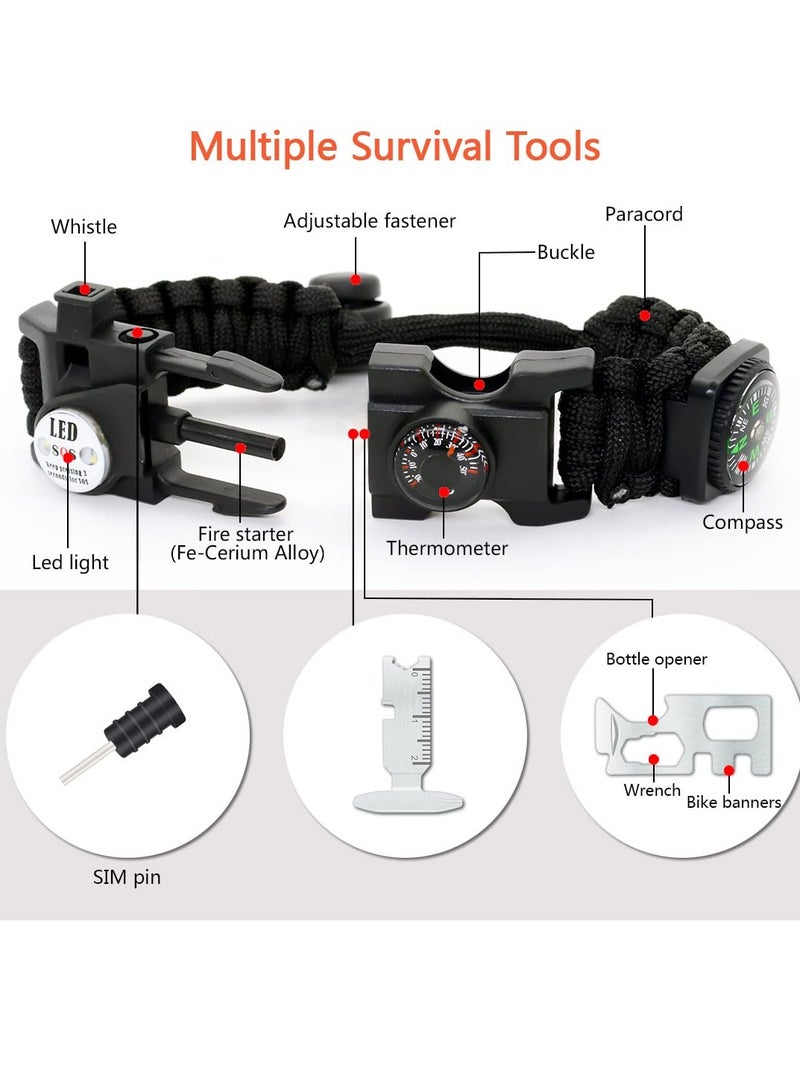 20 in 1 Survival Paracord Bracelet Adjustable Gear Kit with SOS LED Light, Thermometer, Fire Starter, Multitools, Compass, Survival Whistle,  for Camping, Hiking, Fishing, Hunting（2PCS）