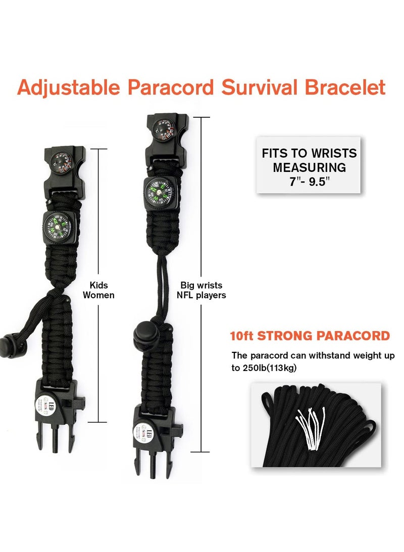 20 in 1 Survival Paracord Bracelet Adjustable Gear Kit with SOS LED Light, Thermometer, Fire Starter, Multitools, Compass, Survival Whistle,  for Camping, Hiking, Fishing, Hunting（2PCS）