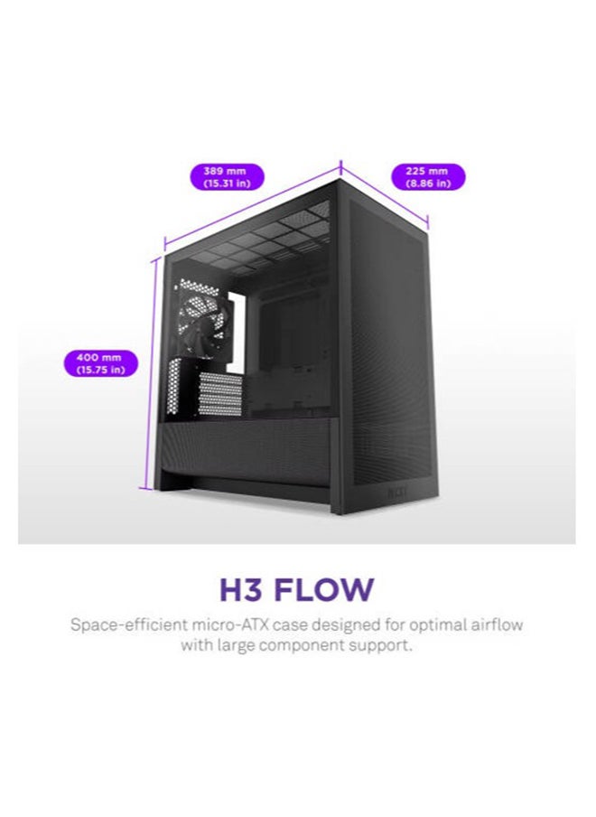 NZXT H3 Flow, Micro-ATX Mid-Tower PC Case High Airflow Design, Tempered Glass Side Panel, Compact Form Factor, Front I/O with USB-C and USB 3.2 Gen 1, Black | CC-H31FB-01  - Image 2
