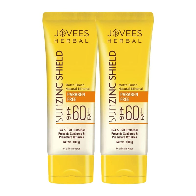 Jovees جوفيس هيربال صن زنك شيلد SPF 60 PA حماية واسعة الطيف لمسة غير لامعة خالية من الزيت حماية من الأشعة فوق البنفسجية والأشعة الزرقاء لجميع أنواع البشرة 100 جرام عبوة من 2 - Image 1