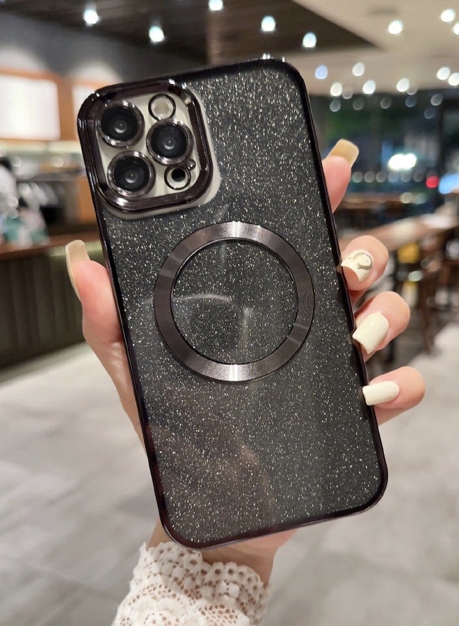 iPhone 15 Pro Max Case with Camera Lens Protector, Glitter Protective Case Compatible with Wireless Charging, Bling Plating Shockproof Protective Cover iPhone 15 Pro Max Case for Women Men - Black - Image 2