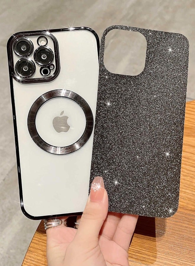 iPhone 15 Pro Max Case with Camera Lens Protector, Glitter Protective Case Compatible with Wireless Charging, Bling Plating Shockproof Protective Cover iPhone 15 Pro Max Case for Women Men - Black - Image 3