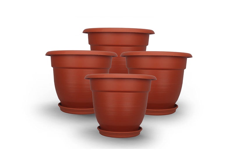 Halsey Round Shape Lining Design (Pack of 4) Modern Design Durable Plastic Plant Pot for Gardening (with Plate) (Round Shape (X-Large)) - Image 1
