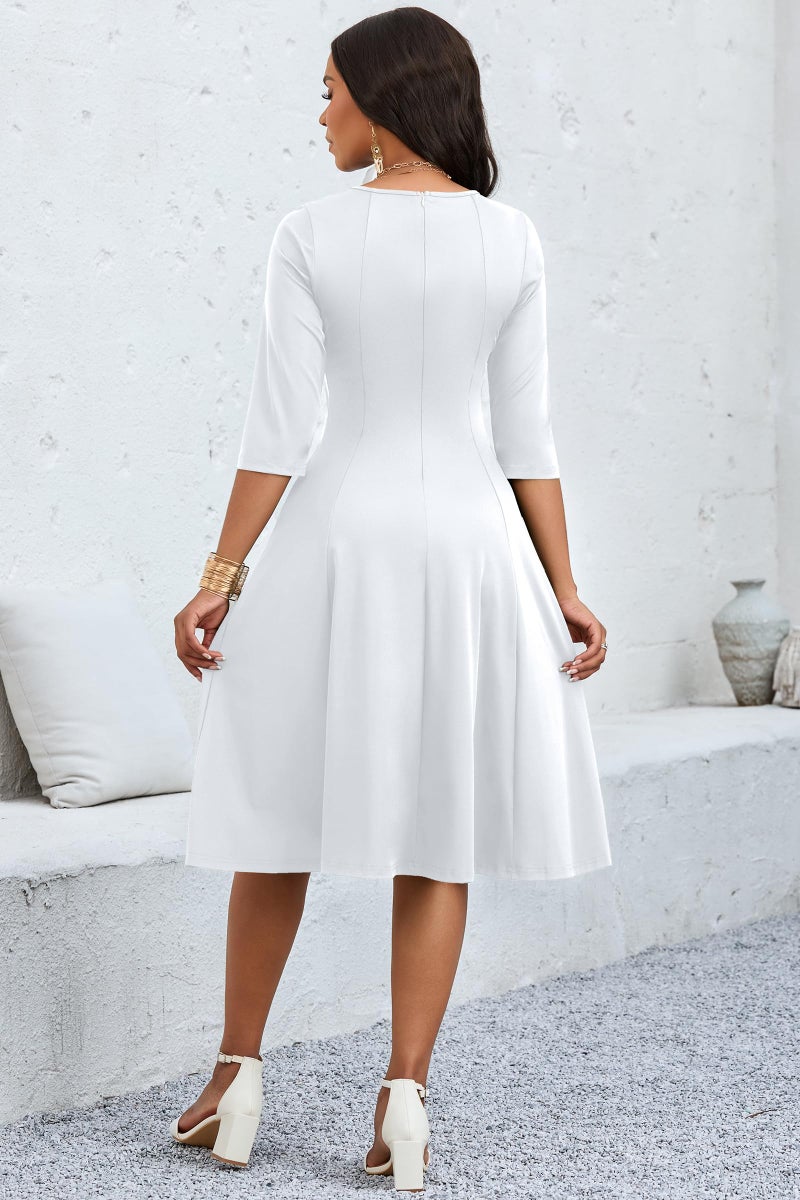 CLOCOR Casual Midi Dresses for Women A-Line Fit and Flare Elegant Church Cocktail Wedding 3/4 Sleeve Dress with Pocket White - Image 5