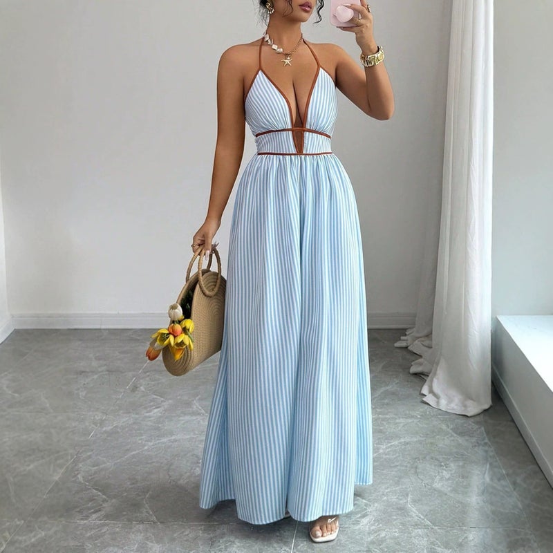2026 Deep V-Neck Striped Vacation Dress Tiktok -Selling Backless Sleeveless Halter Neck Long Dress - Image 2