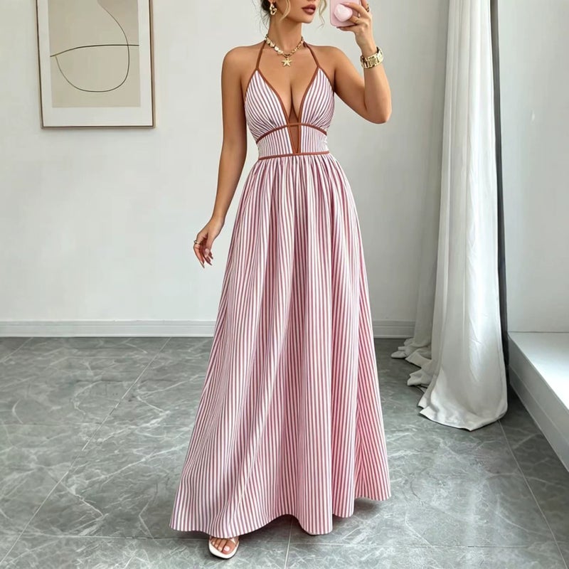 2026 Deep V-Neck Striped Vacation Dress Tiktok -Selling Backless Sleeveless Halter Neck Long Dress - Image 4