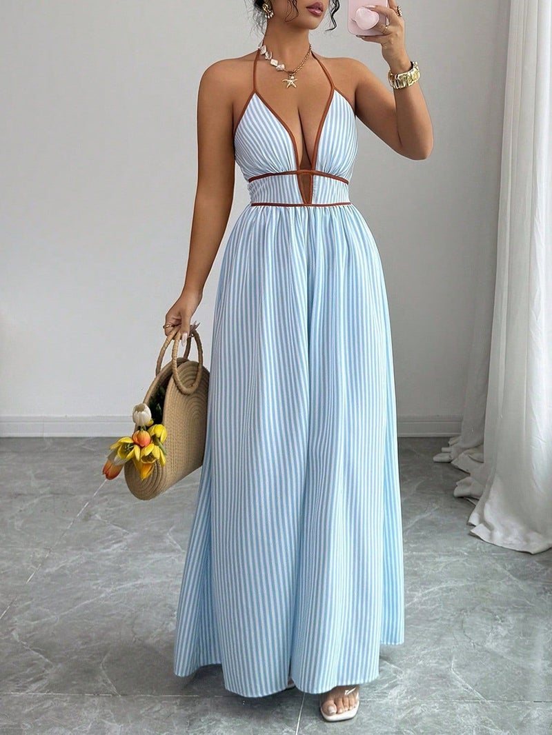 2026 Deep V-Neck Striped Vacation Dress Tiktok -Selling Backless Sleeveless Halter Neck Long Dress - Image 1