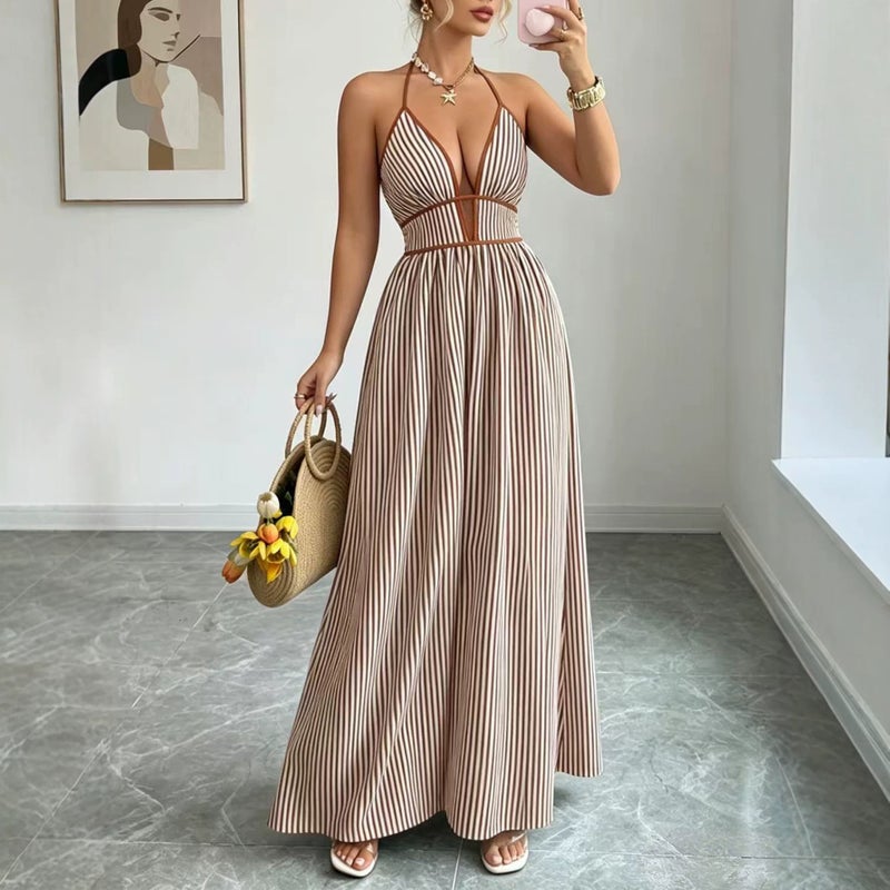 2026 Deep V-Neck Striped Vacation Dress Tiktok -Selling Backless Sleeveless Halter Neck Long Dress - Image 5