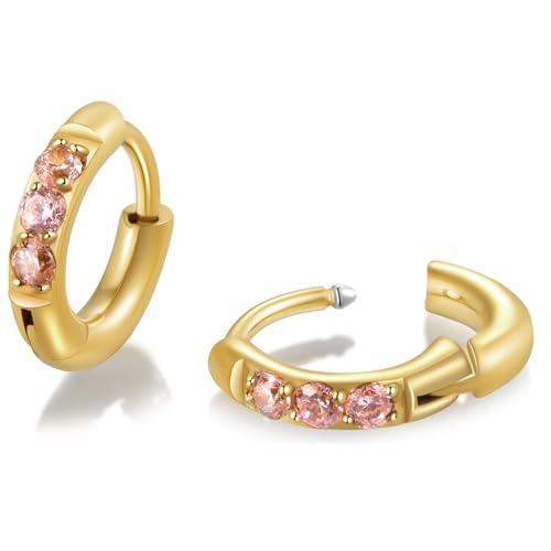 showself 6MM Gold Huggie Hoop Earrings Pink Stone - 20G Surgical Stainless Steel Plated 14K Gold Cubic Zirconia CZ Tiny Hug Hoop Earring - Mini Hugger Cartilage Helix Tragus Rook Small Snug Hoop Earrings - Image 1