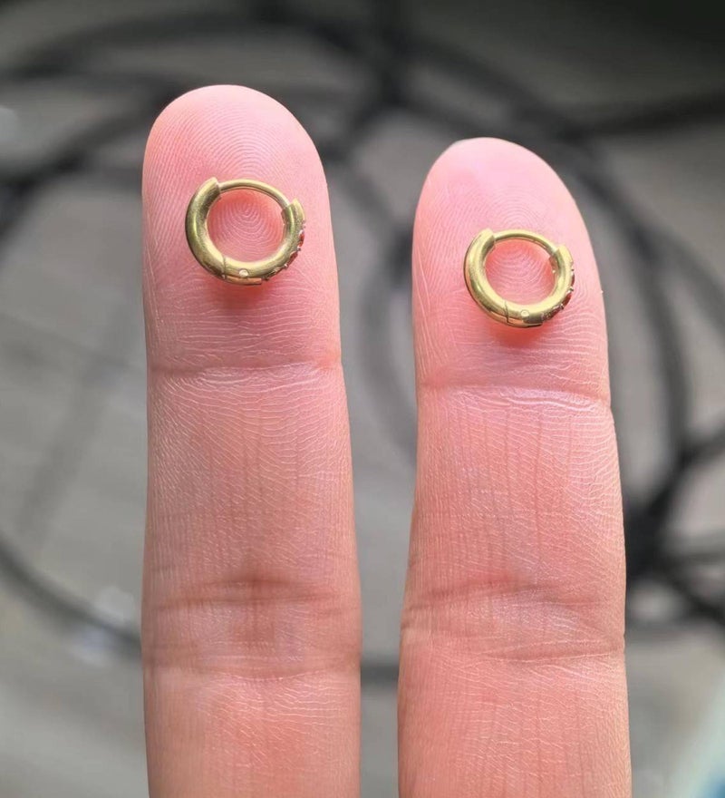 showself 6MM Gold Huggie Hoop Earrings Pink Stone - 20G Surgical Stainless Steel Plated 14K Gold Cubic Zirconia CZ Tiny Hug Hoop Earring - Mini Hugger Cartilage Helix Tragus Rook Small Snug Hoop Earrings - Image 4