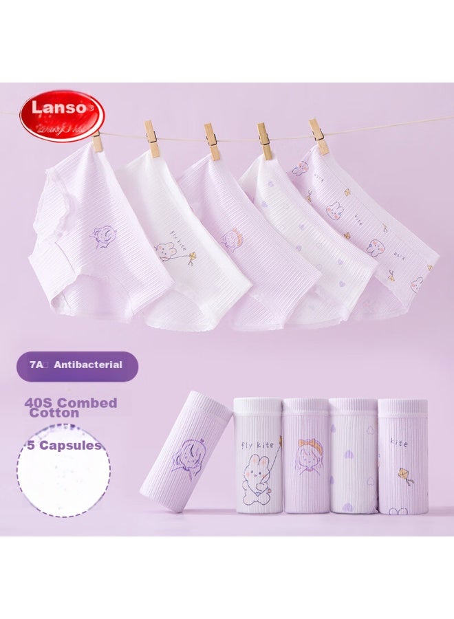 LANG SHA Langsha Children's Underwear, Girls' Mid To Big Kids' Puberty 7a Antibacterial Cartoon Triangle Panties, Five-pack, Cartoon Stripes, 150  - Image 2