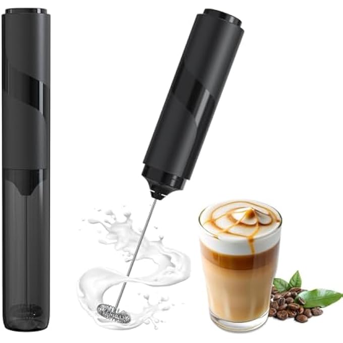 ريحني جهاز خفق الحليب مع غطاء يعمل بالبطارية، صانع رغوة كهربائي، عصا خفق، خلاط مشروبات، رغوي للقهوة واللاتيه والكابتشينو والفرابيه، مشروب الشوكولاتة الساخنة باللون الأسود - Image 1