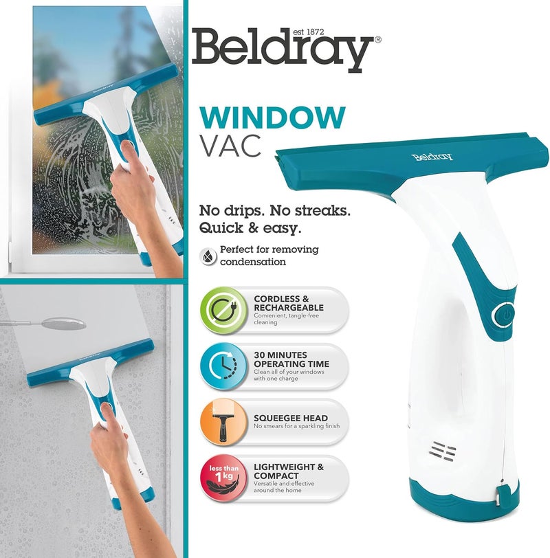 Beldray BEL0749 Cordless Window Vac – Rechargeable Window Cleaning Set, 60ml Water Tank, Remove Grime and Condensation from Windows, Mirrors and Shower Screens, Lightweight & Compact, White/Turquoise - Image 2