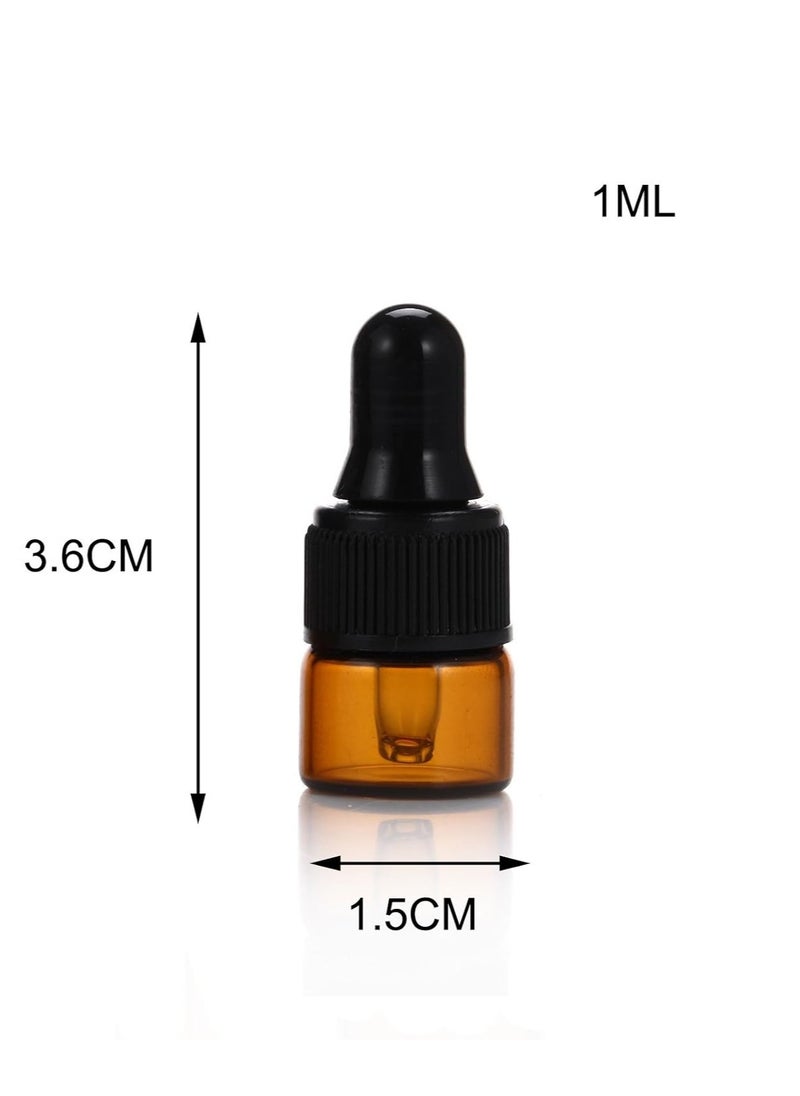 ELFENSTALL - 50pcs 1ml (1/4 Dram) Amber Mini Glass Bottle 1cc Amber Sample Vial Small Essential Oil Bottle with Glass Eye Dropper + 1pc Glass Clean Cloth + 1pc 1ml dropper - Image 1