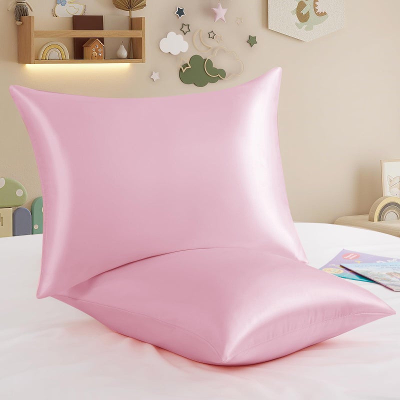 RUDONG M 2 Pack Zippered Satin Toddler Pillowcases 13x18 Inch - Silky Soft Toddler Pillow Cases with Hidden Zipper, Travel Pillow Covers for Boys & Girls, Pink - Image 1