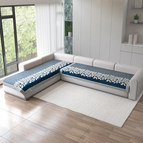 Nendle Superior Velvet Floral Sofa Mat 6 Seater Set Cover Durable Protector for Living Room Sofa Set 3+3, Suitable for L Shape, Sectional and U Shape Sofa (Blue, Pack of 2) - Image 1