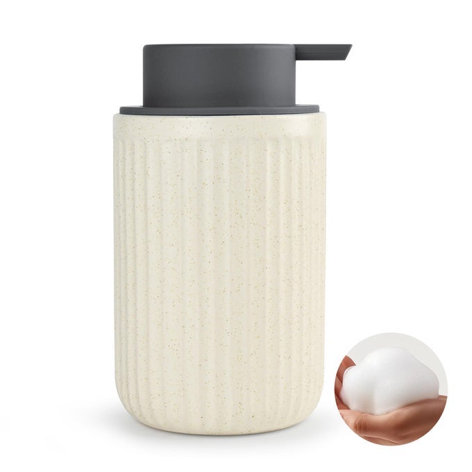 BEIGE CERAMIC FOAMING SOAP DISPENSER SPECKLED RIPPLED 12 OZ BOTTLE WITH GRAY SILICONE PUMP FOAM DISPENSER FOR KITCHEN OR BATHROOM SPECKLED BEIGE