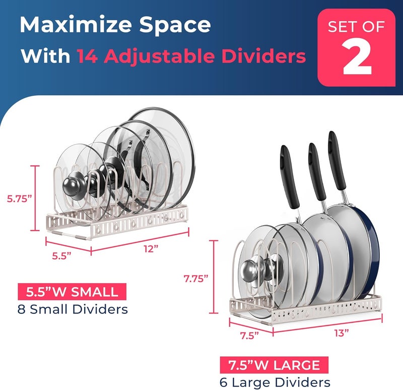 Better Things Home 14+ Dual Pan and Pot Lid Organizer Rack Set for Cabinet - Includes 1 Large Rack & 1 Compact Rack for Bakeware, Lids & Pans (White Sand, PAN + LID SET) - Image 3